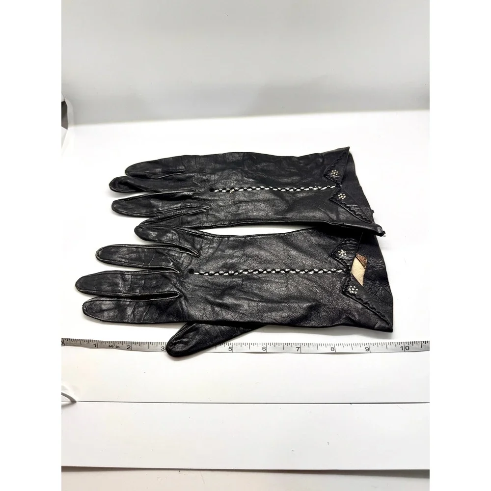 Vintage Black Leather Gloves Embellishd Floral Detail Mid Century Size 7 Fair‎